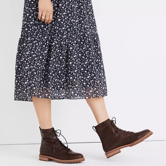 The Clair Lace-Up Boot in Croc Embossed Leather - Picture 1 of 9